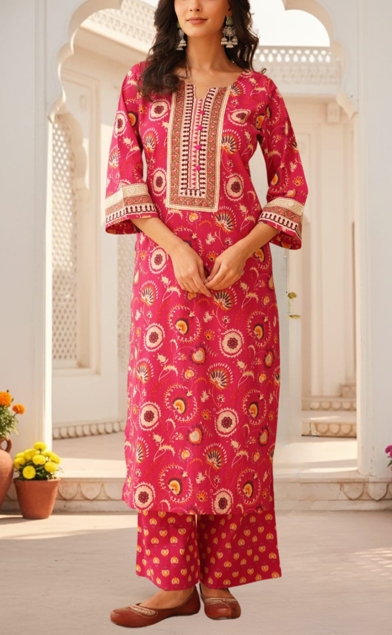 Hot Pink Garden Jaipur Cotton Kurti With Pant And Dupatta Set. Pure Versatile Cotton. | Laces and Frills