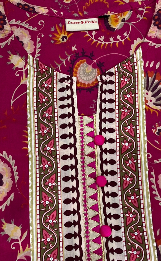 Hot Pink Garden Jaipur Cotton Kurti With Pant And Dupatta Set. Pure Versatile Cotton. | Laces and Frills