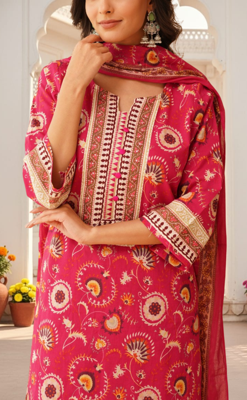 Hot Pink Garden Jaipur Cotton Kurti With Pant And Dupatta Set. Pure Versatile Cotton. | Laces and Frills