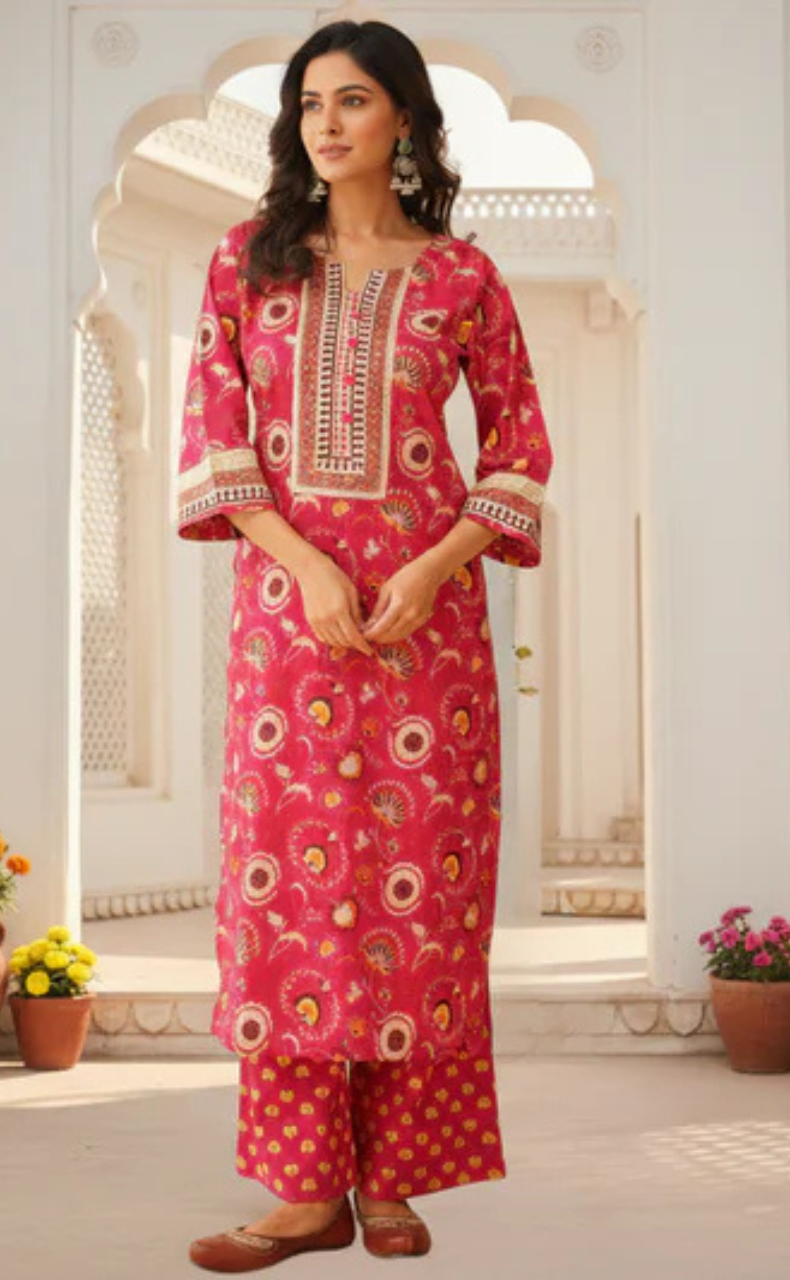 Hot Pink Garden Jaipur Cotton Kurti With Pant And Dupatta Set. Pure Versatile Cotton. | Laces and Frills