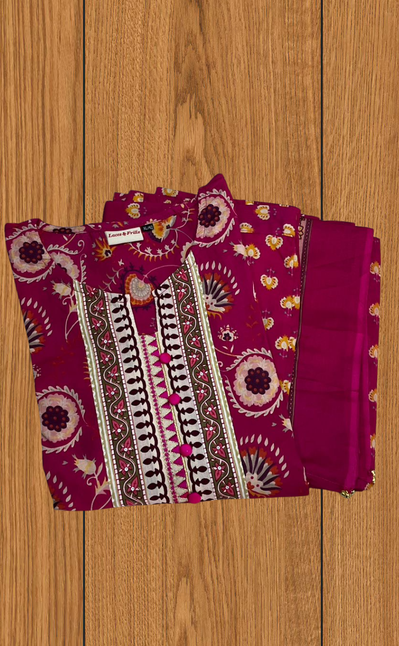 Hot Pink Garden Jaipur Cotton Kurti With Pant And Dupatta Set. Pure Versatile Cotton. | Laces and Frills