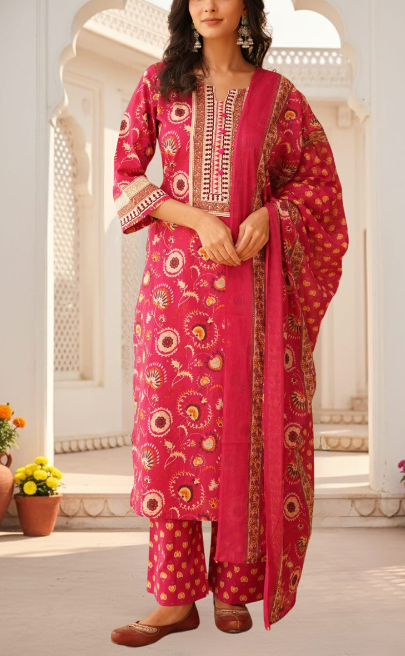 Hot Pink Garden Jaipur Cotton Kurti With Pant And Dupatta Set. Pure Versatile Cotton. | Laces and Frills