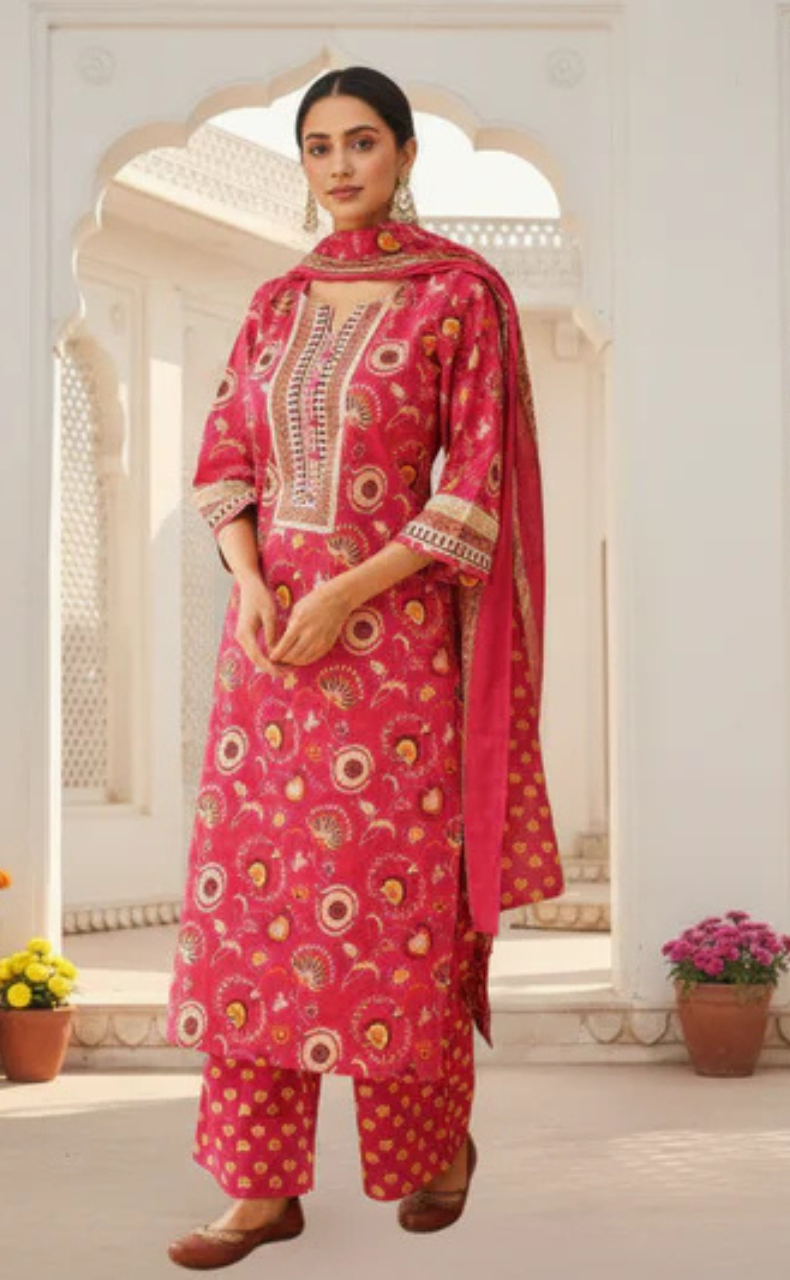 Hot Pink Garden Jaipur Cotton Kurti With Pant And Dupatta Set. Pure Versatile Cotton. | Laces and Frills