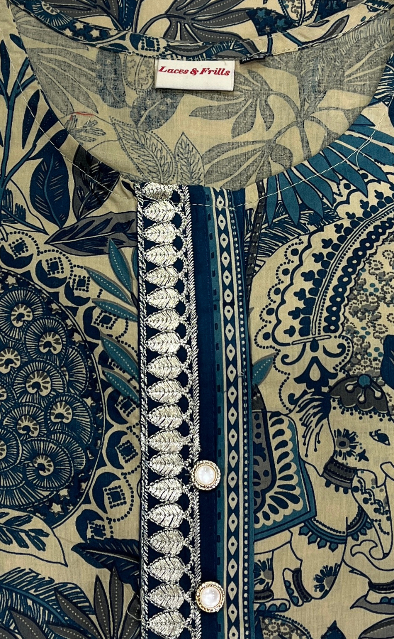 Teal Green Garden Jaipur Cotton Kurti With Pant And Dupatta Set. Pure Versatile Cotton. | Laces and Frills