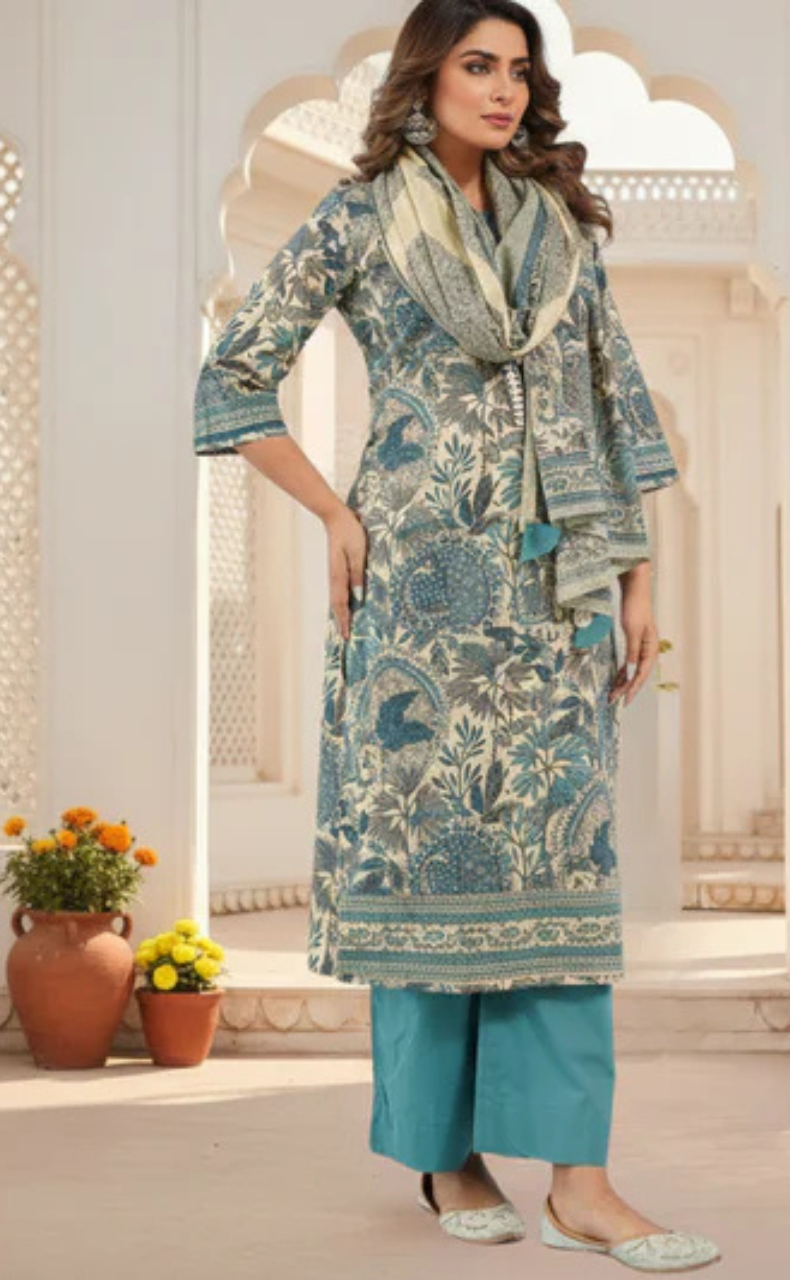 Teal Green Garden Jaipur Cotton Kurti With Pant And Dupatta Set. Pure Versatile Cotton. | Laces and Frills