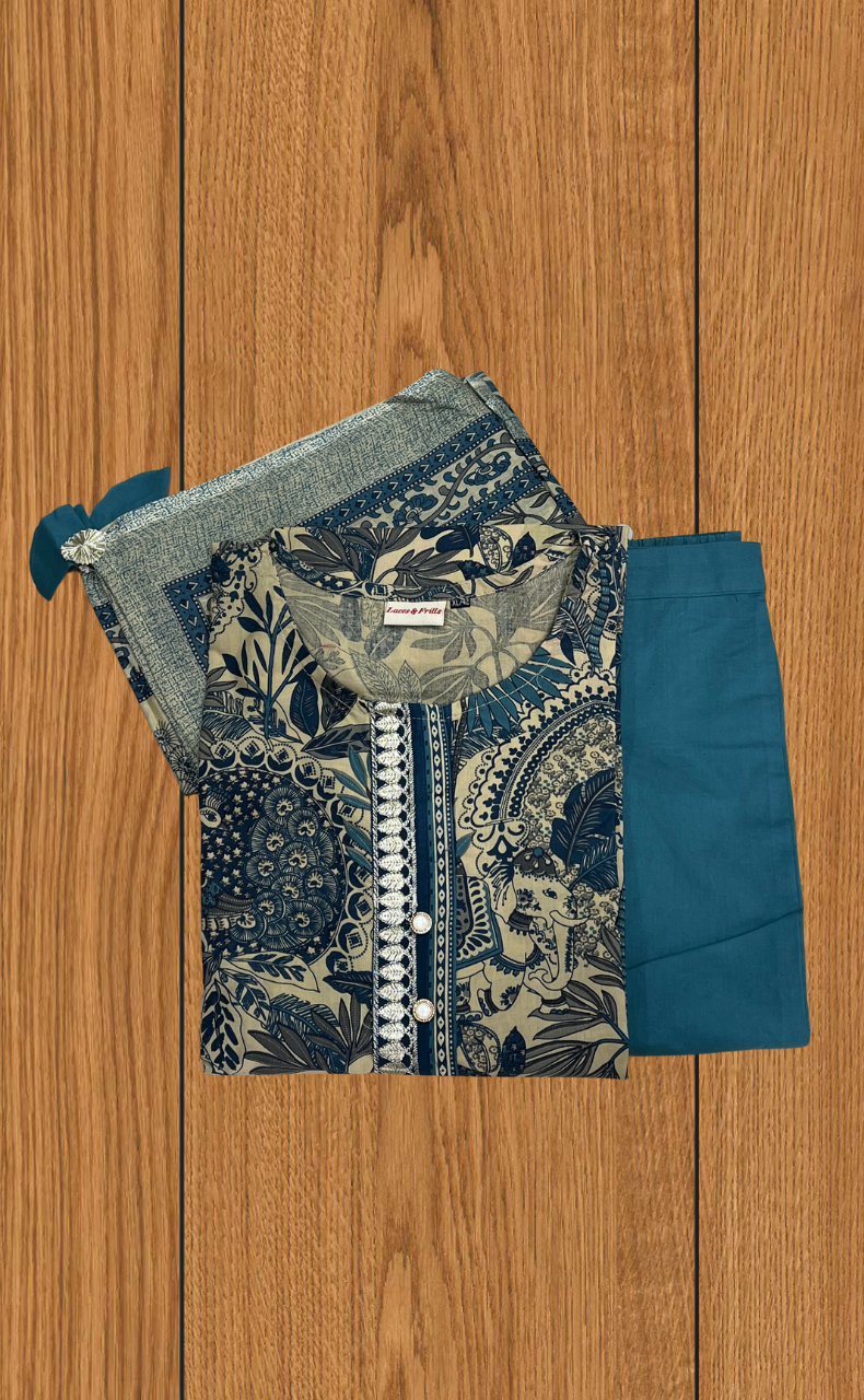 Teal Green Garden Jaipur Cotton Kurti With Pant And Dupatta Set. Pure Versatile Cotton. | Laces and Frills