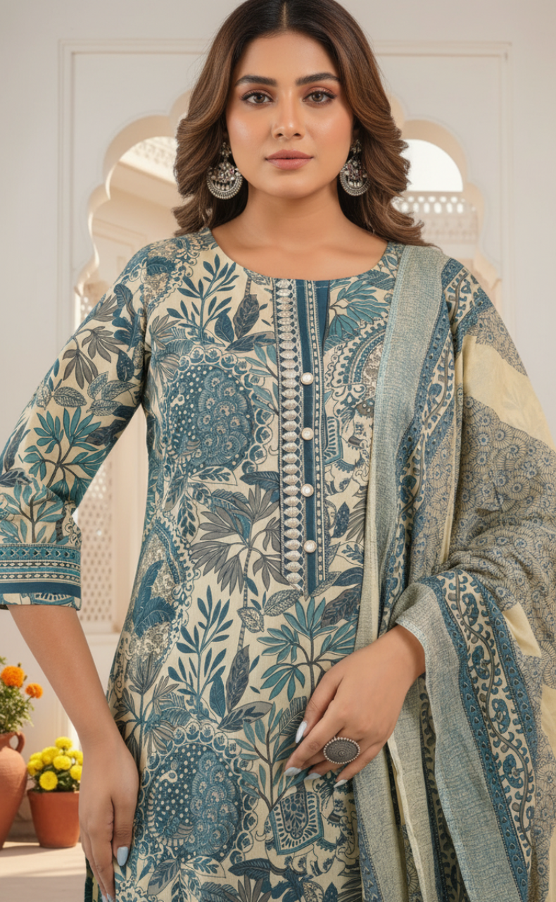 Teal Green Garden Jaipur Cotton Kurti With Pant And Dupatta Set. Pure Versatile Cotton. | Laces and Frills
