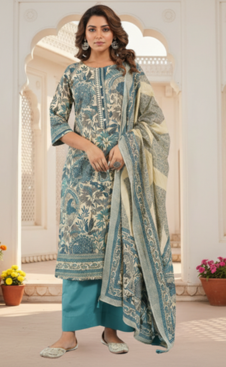 Teal Green Garden Jaipur Cotton Kurti With Pant And Dupatta Set. Pure Versatile Cotton. | Laces and Frills