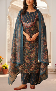 Indigo Blue Paisley Print Jaipur Cotton Kurti With Pant And Dupatta Set. Pure Versatile Cotton. | Laces and Frills