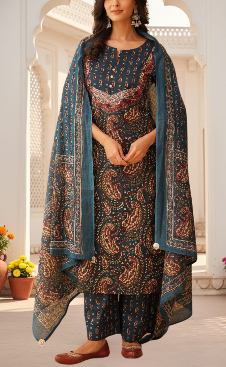 Indigo Blue Paisley Print Jaipur Cotton Kurti With Pant And Dupatta Set. Pure Versatile Cotton. | Laces and Frills