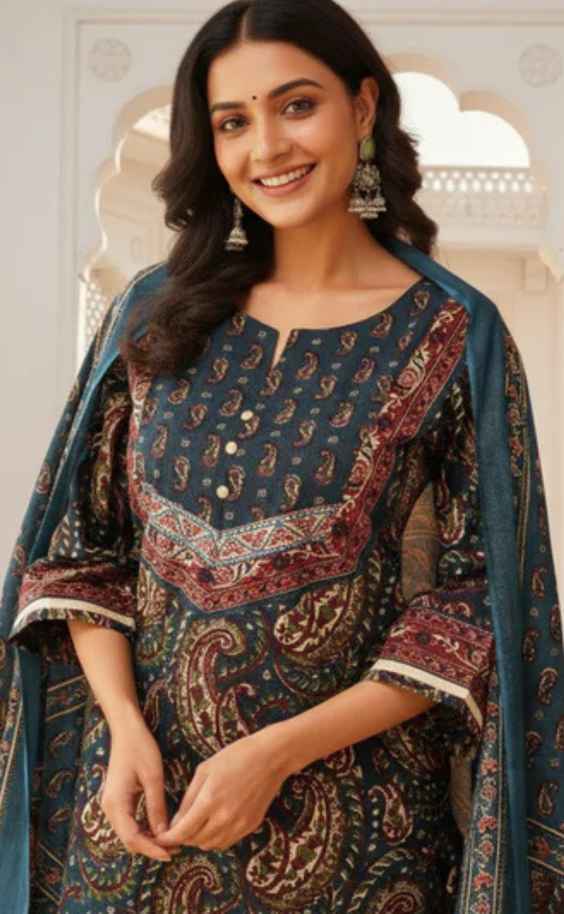 Indigo Blue Paisley Print Jaipur Cotton Kurti With Pant And Dupatta Set. Pure Versatile Cotton. | Laces and Frills
