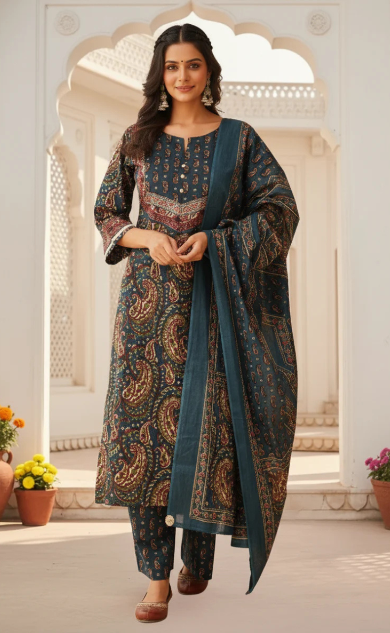 Indigo Blue Paisley Print Jaipur Cotton Kurti With Pant And Dupatta Set. Pure Versatile Cotton. | Laces and Frills