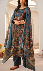 Indigo Blue Paisley Print Jaipur Cotton Kurti With Pant And Dupatta Set. Pure Versatile Cotton. | Laces and Frills