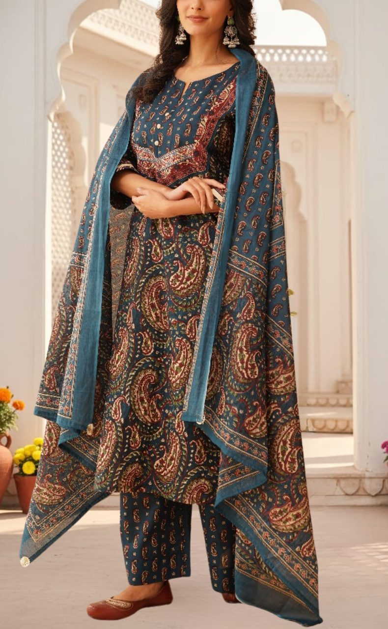 Indigo Blue Paisley Print Jaipur Cotton Kurti With Pant And Dupatta Set. Pure Versatile Cotton. | Laces and Frills