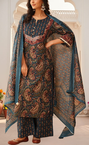 Indigo Blue Paisley Print Jaipur Cotton Kurti With Pant And Dupatta Set. Pure Versatile Cotton. | Laces and Frills