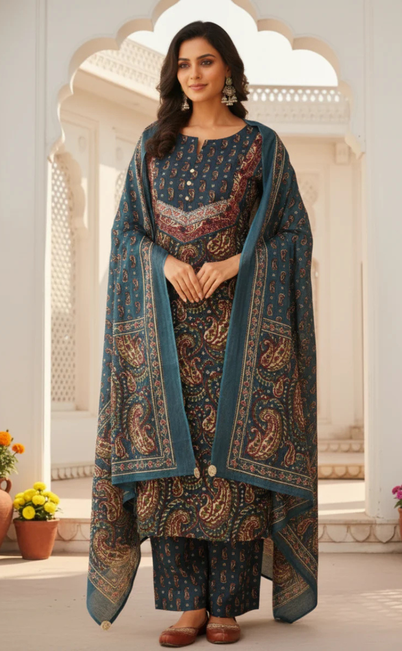 Indigo Blue Paisley Print Jaipur Cotton Kurti With Pant And Dupatta Set. Pure Versatile Cotton. | Laces and Frills