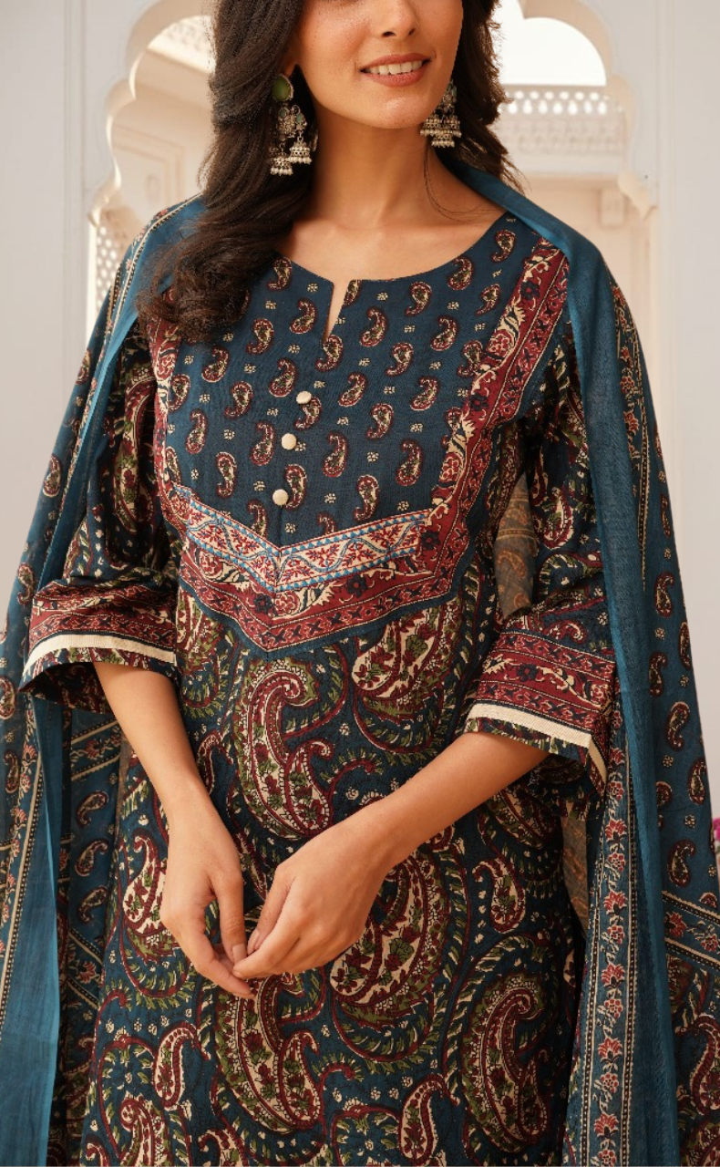 Indigo Blue Paisley Print Jaipur Cotton Kurti With Pant And Dupatta Set. Pure Versatile Cotton. | Laces and Frills