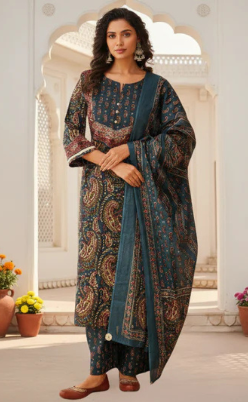 Indigo Blue Paisley Print Jaipur Cotton Kurti With Pant And Dupatta Set. Pure Versatile Cotton. | Laces and Frills