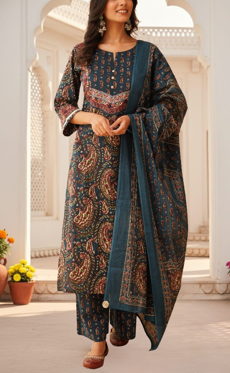 Indigo Blue Paisley Print Jaipur Cotton Kurti With Pant And Dupatta Set. Pure Versatile Cotton. | Laces and Frills