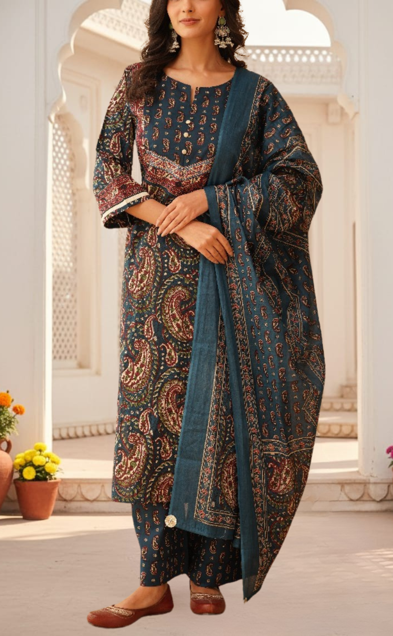 Indigo Blue Paisley Print Jaipur Cotton Kurti With Pant And Dupatta Set. Pure Versatile Cotton. | Laces and Frills