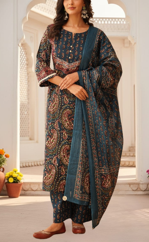 Indigo Blue Paisley Print Jaipur Cotton Kurti With Pant And Dupatta Set. Pure Versatile Cotton. | Laces and Frills