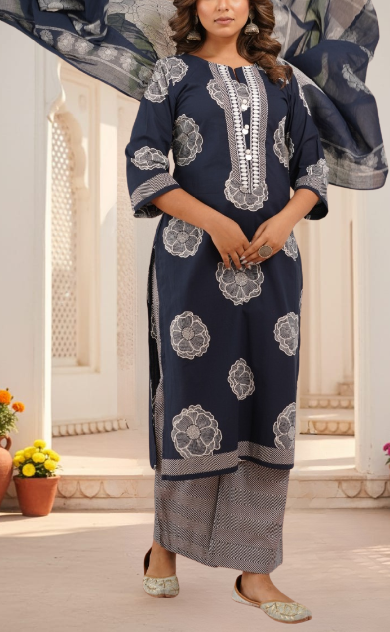 Navy Blue Floral Jaipur Cotton Kurti With Pant And Dupatta Set. Pure Versatile Cotton. | Laces and Frills