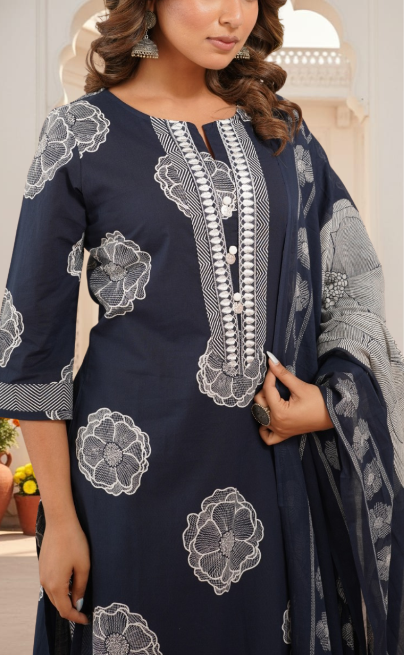 Navy Blue Floral Jaipur Cotton Kurti With Pant And Dupatta Set. Pure Versatile Cotton. | Laces and Frills