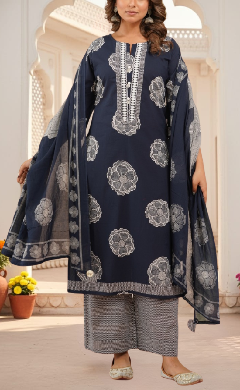 Navy Blue Floral Jaipur Cotton Kurti With Pant And Dupatta Set. Pure Versatile Cotton. | Laces and Frills