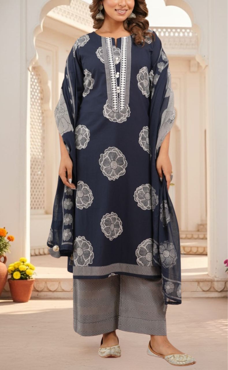Navy Blue Floral Jaipur Cotton Kurti With Pant And Dupatta Set. Pure Versatile Cotton. | Laces and Frills