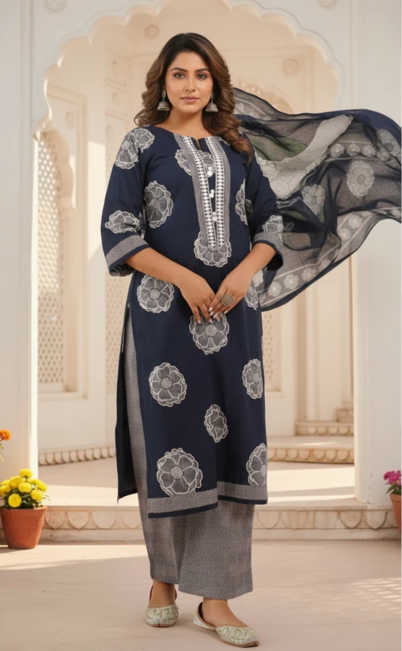 Navy Blue Floral Jaipur Cotton Kurti With Pant And Dupatta Set. Pure Versatile Cotton. | Laces and Frills