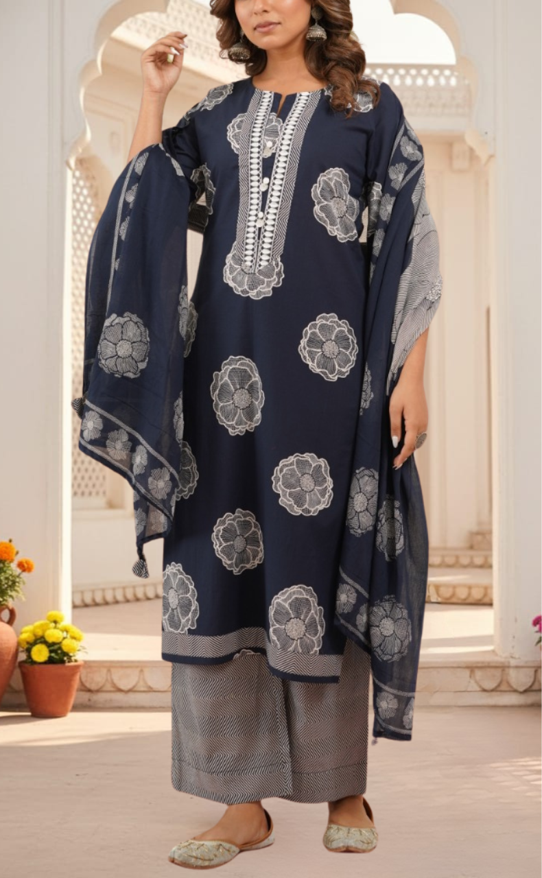 Navy Blue Floral Jaipur Cotton Kurti With Pant And Dupatta Set. Pure Versatile Cotton. | Laces and Frills