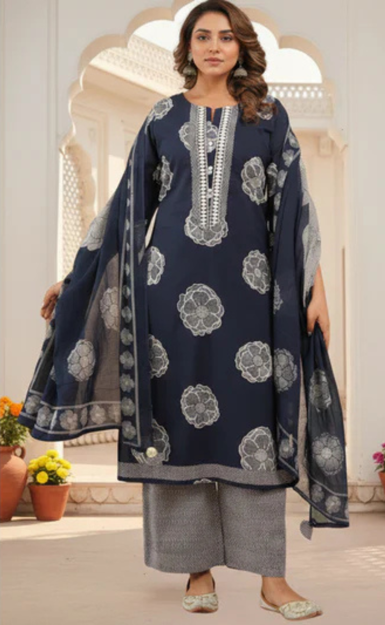 Navy Blue Floral Jaipur Cotton Kurti With Pant And Dupatta Set. Pure Versatile Cotton. | Laces and Frills