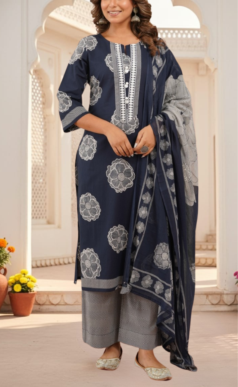 Navy Blue Floral Jaipur Cotton Kurti With Pant And Dupatta Set. Pure Versatile Cotton. | Laces and Frills