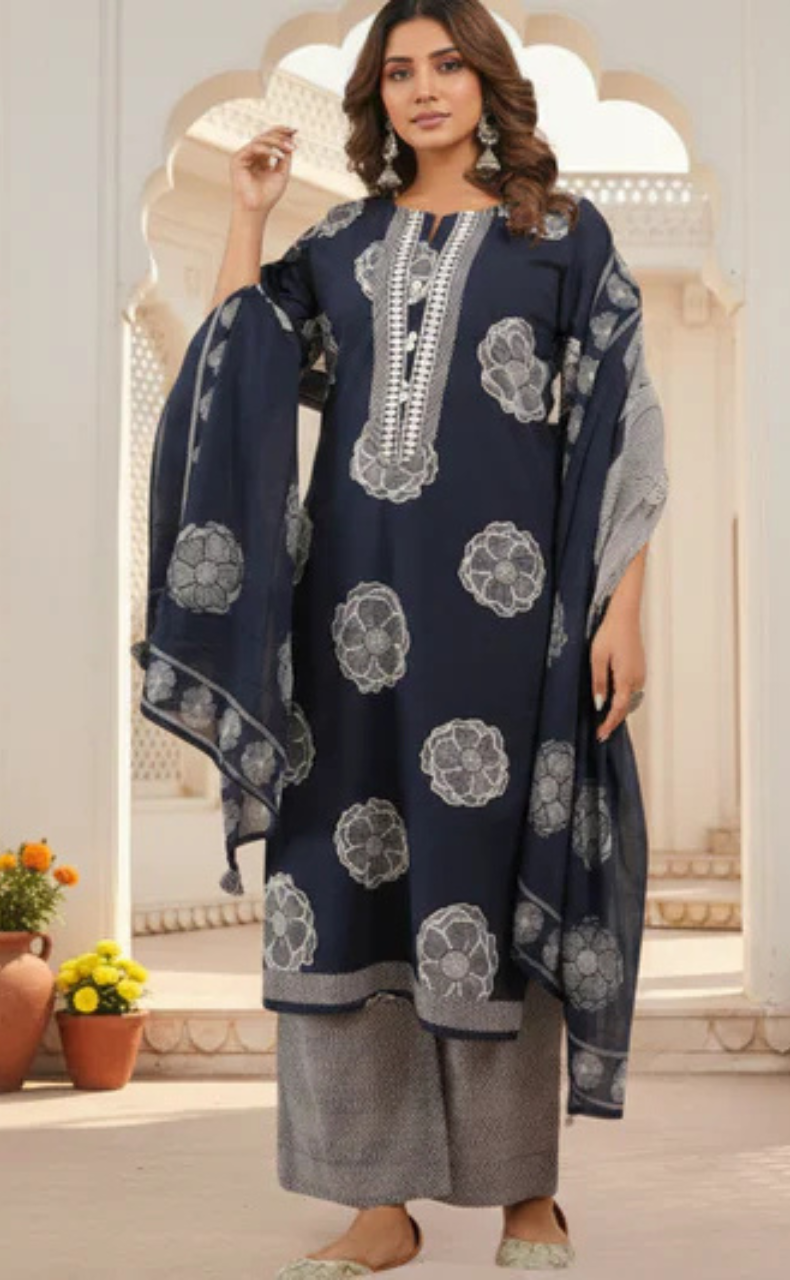 Navy Blue Floral Jaipur Cotton Kurti With Pant And Dupatta Set. Pure Versatile Cotton. | Laces and Frills