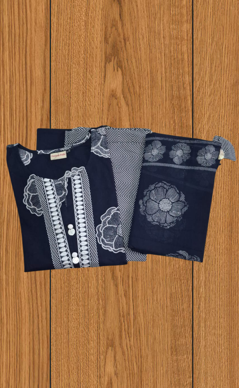 Navy Blue Floral Jaipur Cotton Kurti With Pant And Dupatta Set. Pure Versatile Cotton. | Laces and Frills