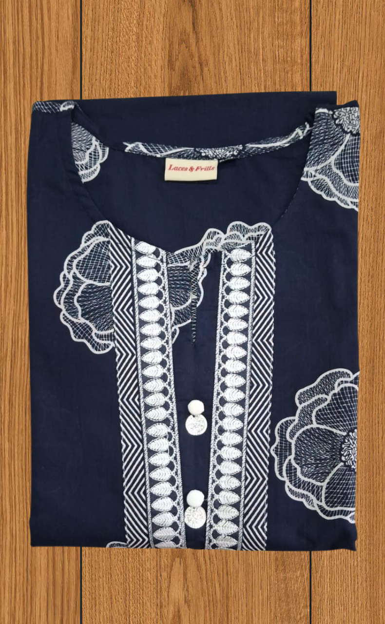 Navy Blue Floral Jaipur Cotton Kurti With Pant And Dupatta Set. Pure Versatile Cotton. | Laces and Frills