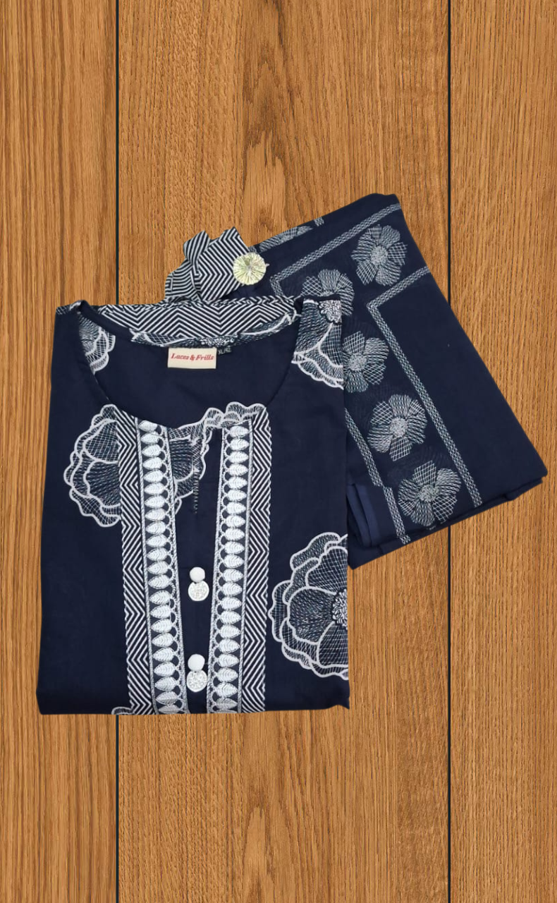Navy Blue Floral Jaipur Cotton Kurti With Pant And Dupatta Set. Pure Versatile Cotton. | Laces and Frills