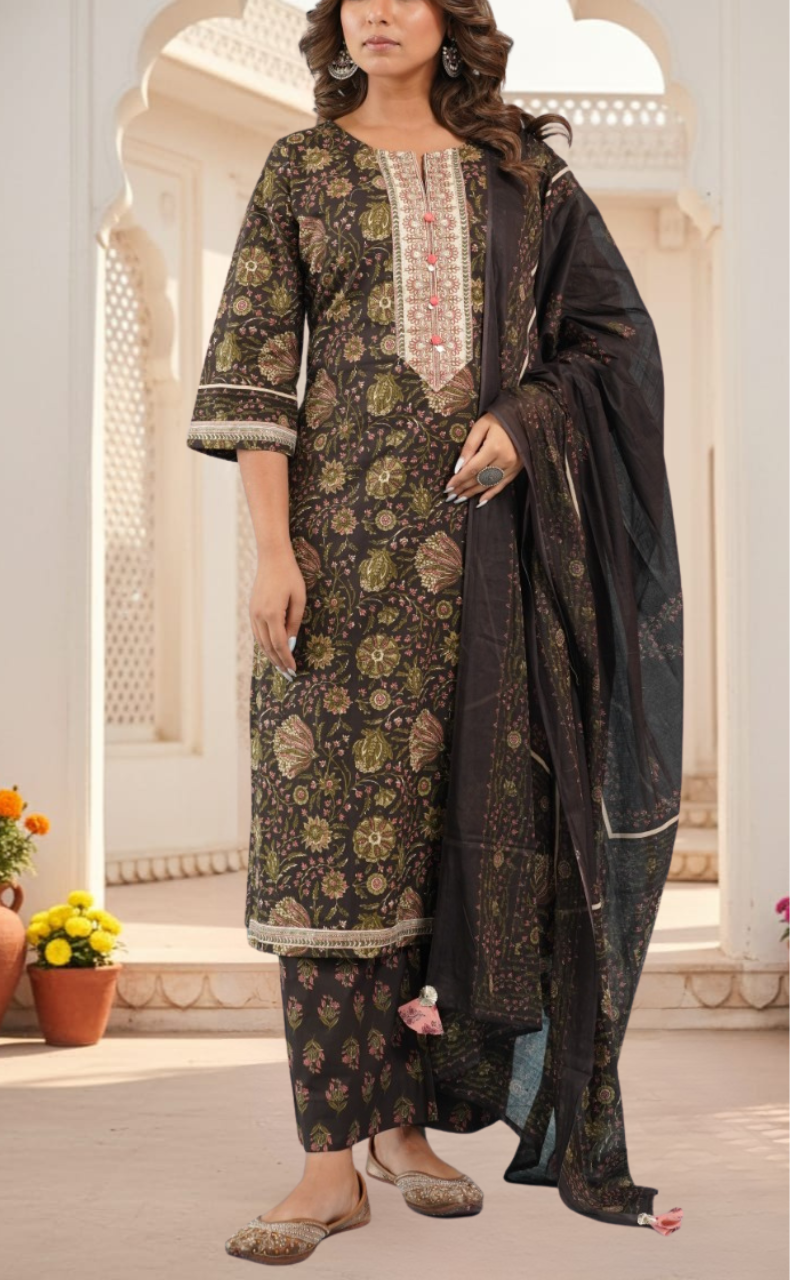 Deep Brown Floral Jaipur Cotton Kurti With Pant And Dupatta Set. Pure Versatile Cotton. | Laces and Frills