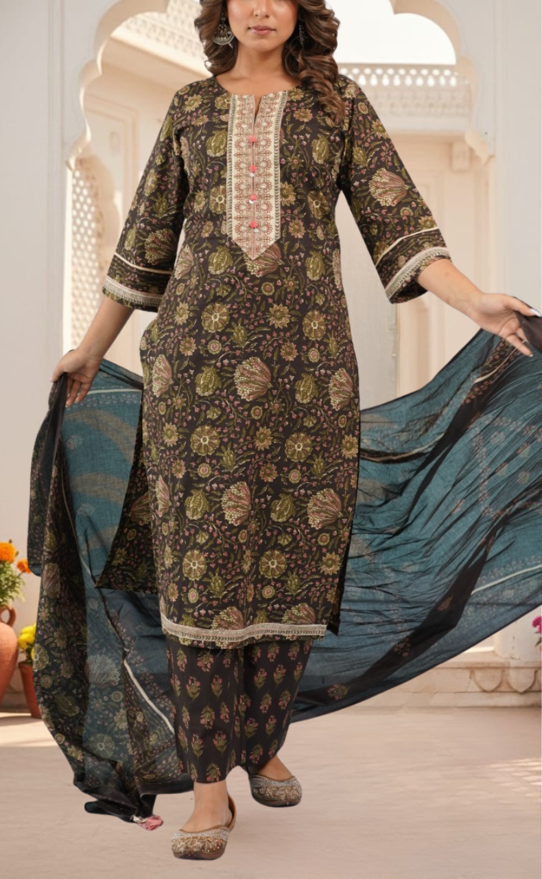Deep Brown Floral Jaipur Cotton Kurti With Pant And Dupatta Set. Pure Versatile Cotton. | Laces and Frills