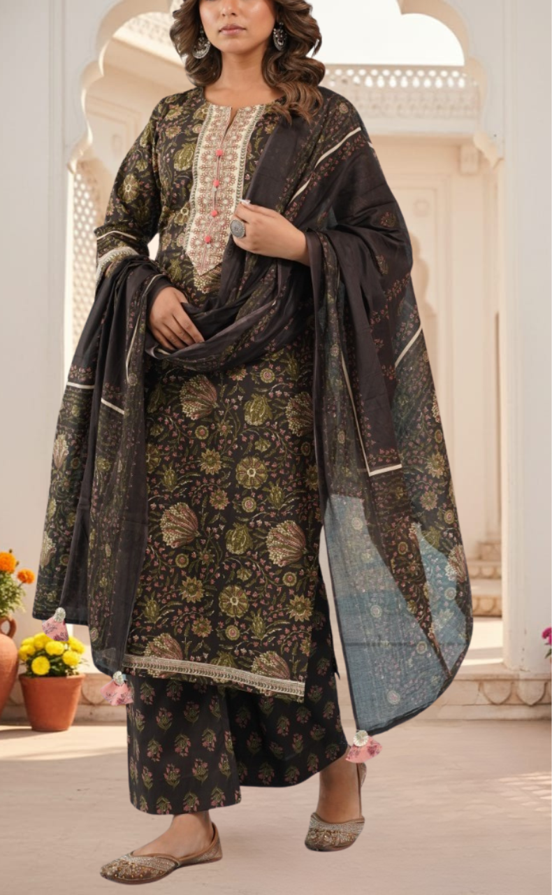 Deep Brown Floral Jaipur Cotton Kurti With Pant And Dupatta Set. Pure Versatile Cotton. | Laces and Frills