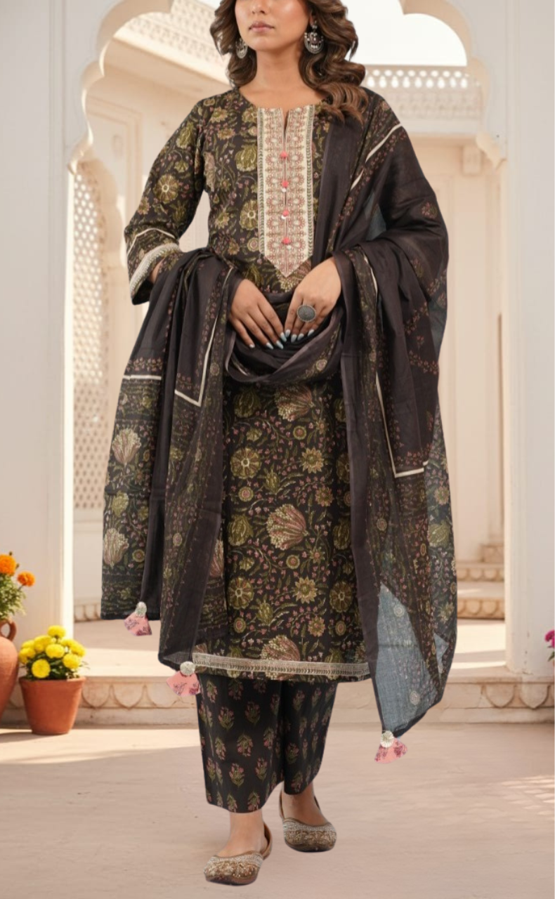 Deep Brown Floral Jaipur Cotton Kurti With Pant And Dupatta Set. Pure Versatile Cotton. | Laces and Frills