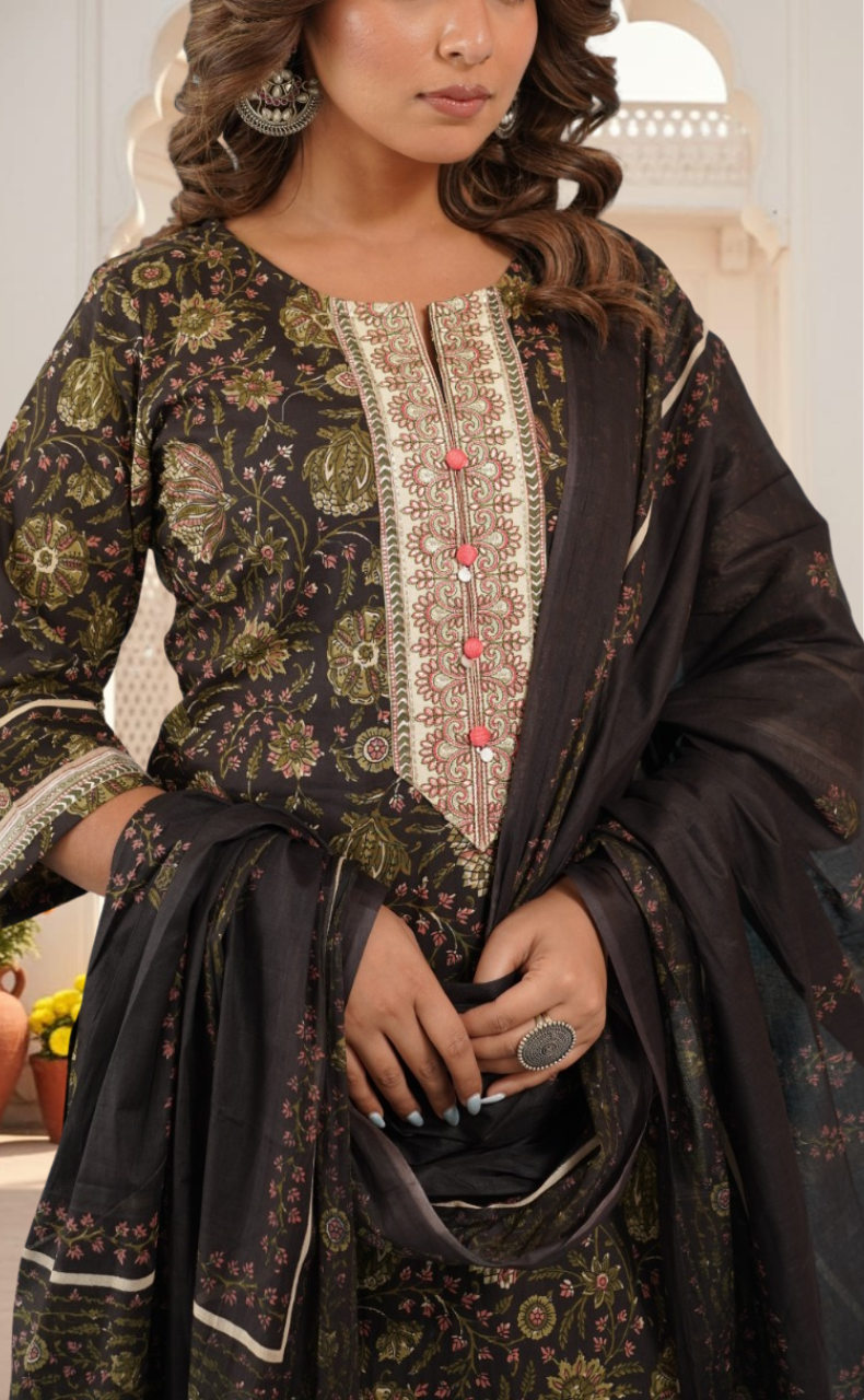 Deep Brown Floral Jaipur Cotton Kurti With Pant And Dupatta Set. Pure Versatile Cotton. | Laces and Frills