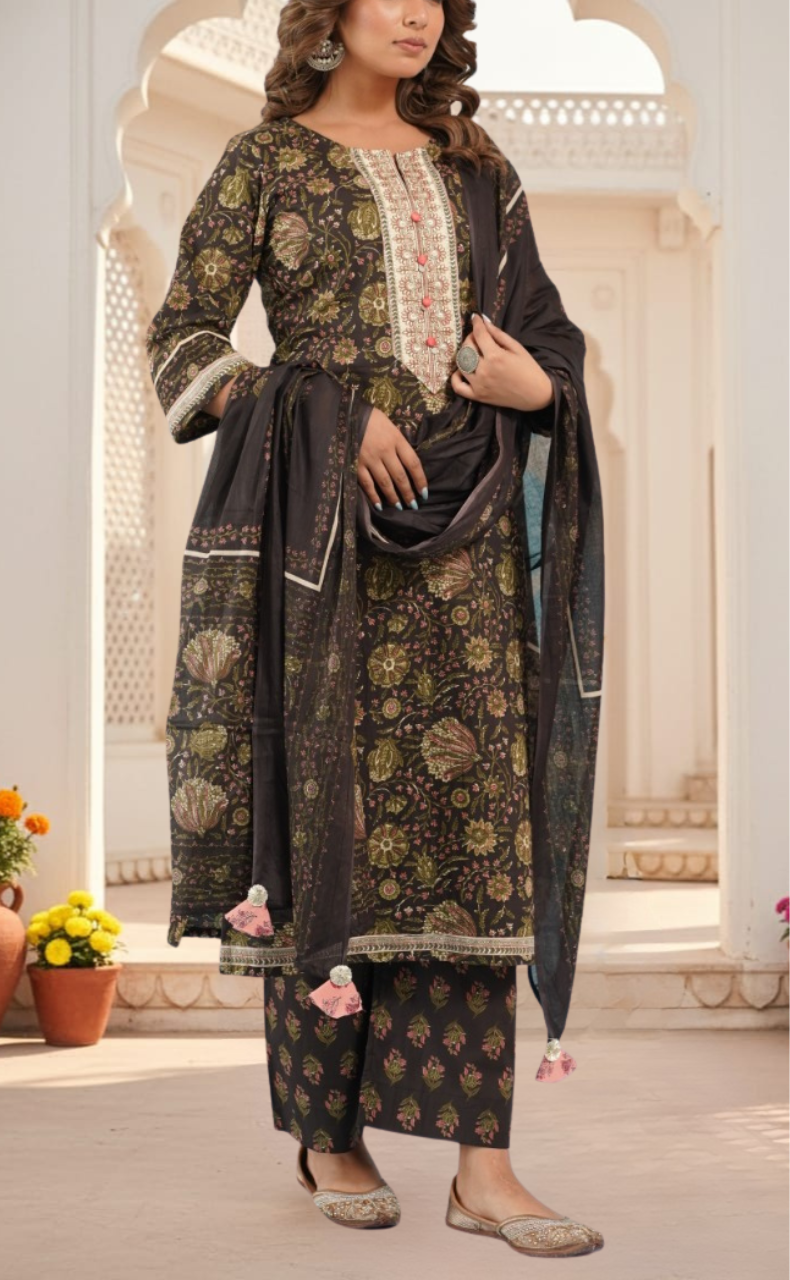 Deep Brown Floral Jaipur Cotton Kurti With Pant And Dupatta Set. Pure Versatile Cotton. | Laces and Frills