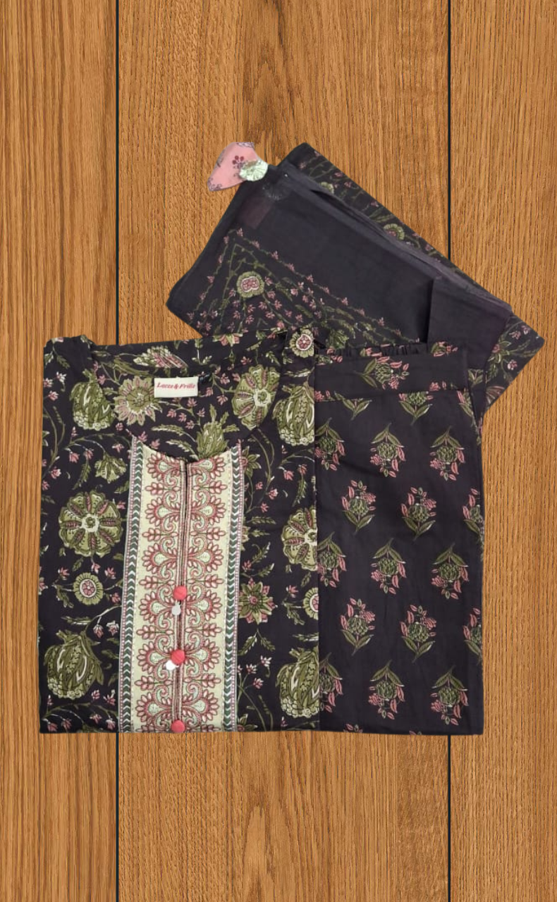 Deep Brown Floral Jaipur Cotton Kurti With Pant And Dupatta Set. Pure Versatile Cotton. | Laces and Frills