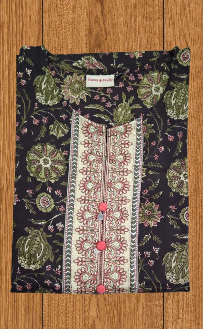 Deep Brown Floral Jaipur Cotton Kurti With Pant And Dupatta Set. Pure Versatile Cotton. | Laces and Frills