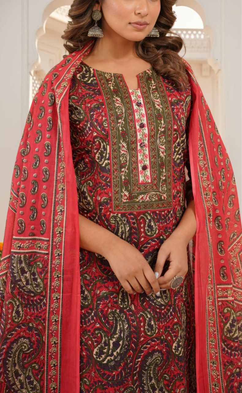 Tomato Red Floral Jaipur Cotton Kurti With Pant And Dupatta Set. Pure Versatile Cotton. | Laces and Frills