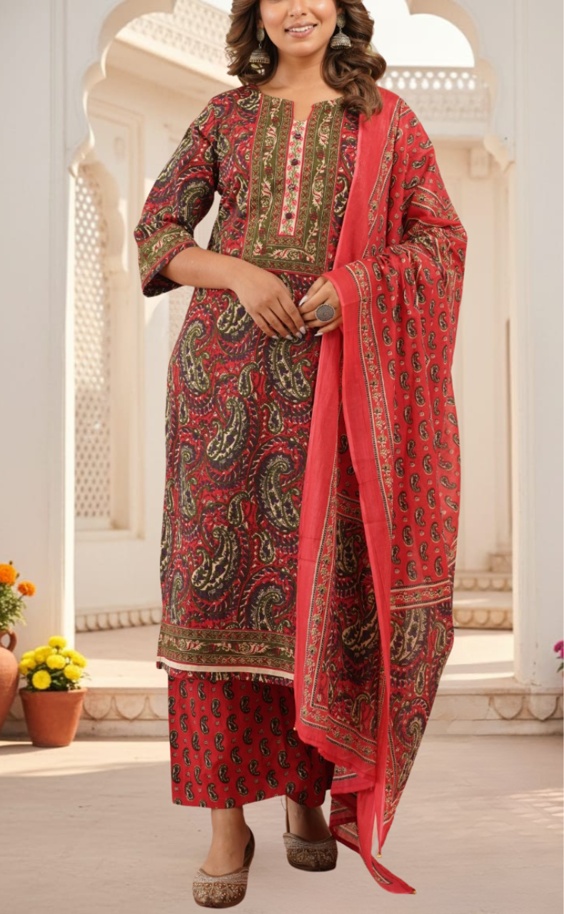 Tomato Red Floral Jaipur Cotton Kurti With Pant And Dupatta Set. Pure Versatile Cotton. | Laces and Frills