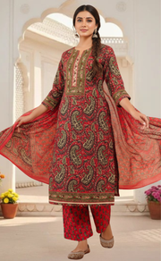 Tomato Red Floral Jaipur Cotton Kurti With Pant And Dupatta Set. Pure Versatile Cotton. | Laces and Frills - Laces and Frills