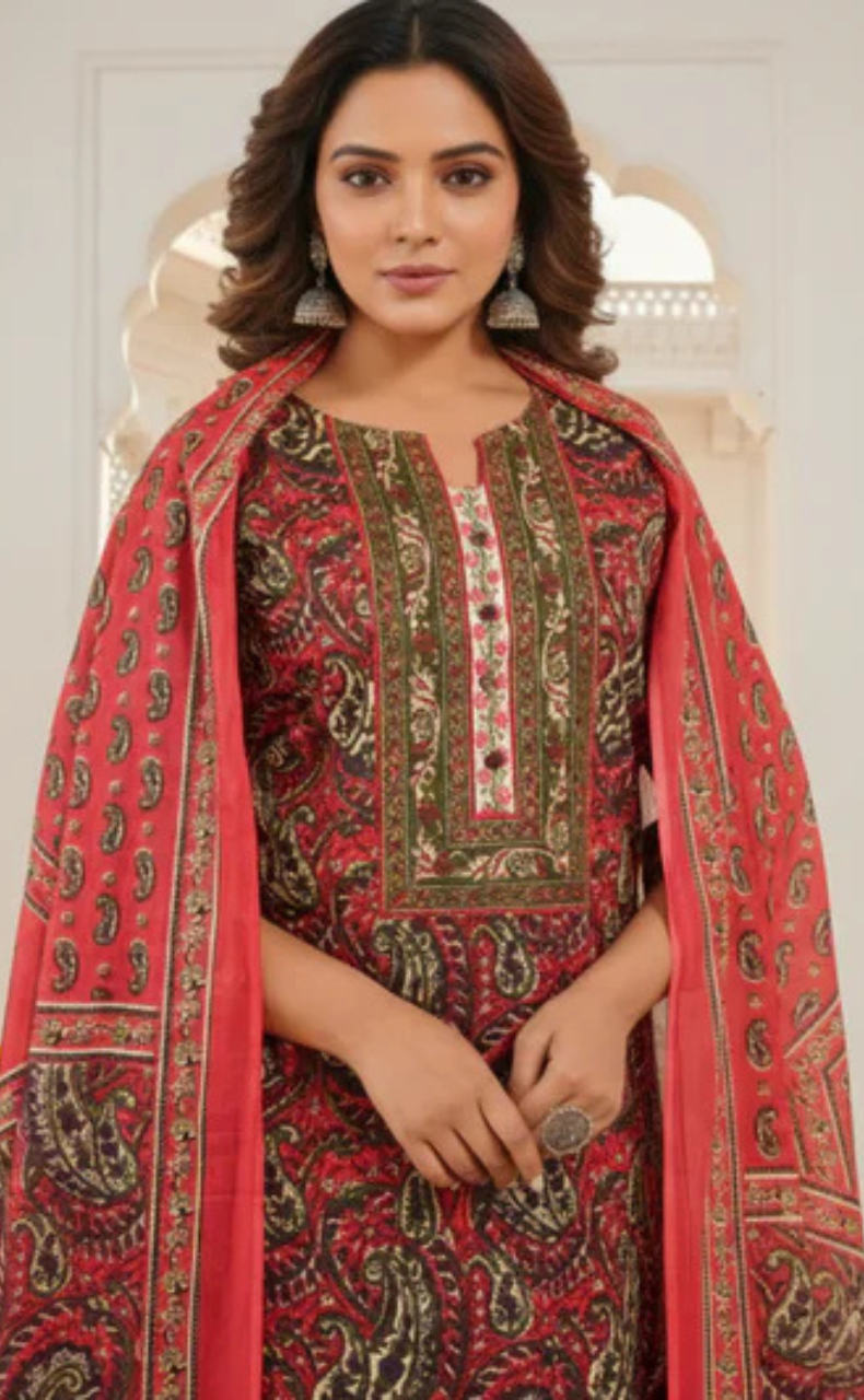 Tomato Red Floral Jaipur Cotton Kurti With Pant And Dupatta Set. Pure Versatile Cotton. | Laces and Frills