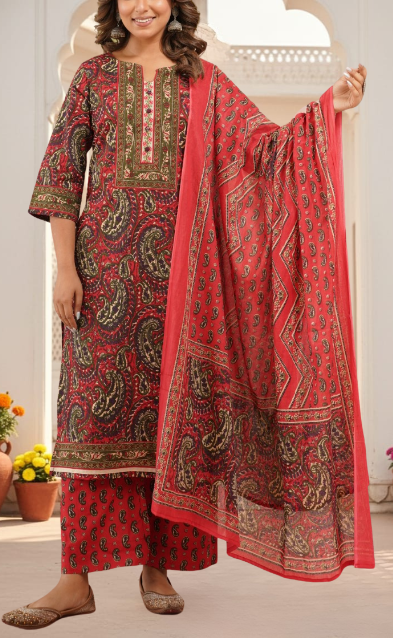 Tomato Red Floral Jaipur Cotton Kurti With Pant And Dupatta Set. Pure Versatile Cotton. | Laces and Frills